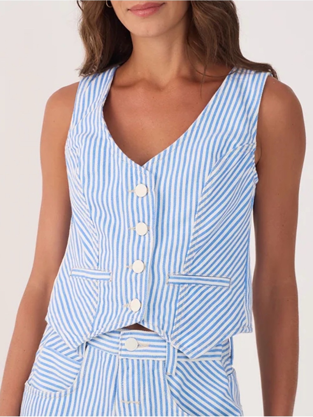 Blue & White Striped Sleeveless Button Vest